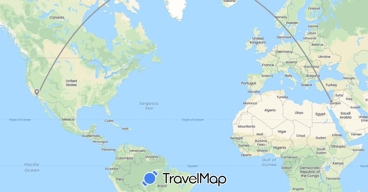 TravelMap itinerary: driving, plane in Israel, Turkey, United States (Asia, North America)
